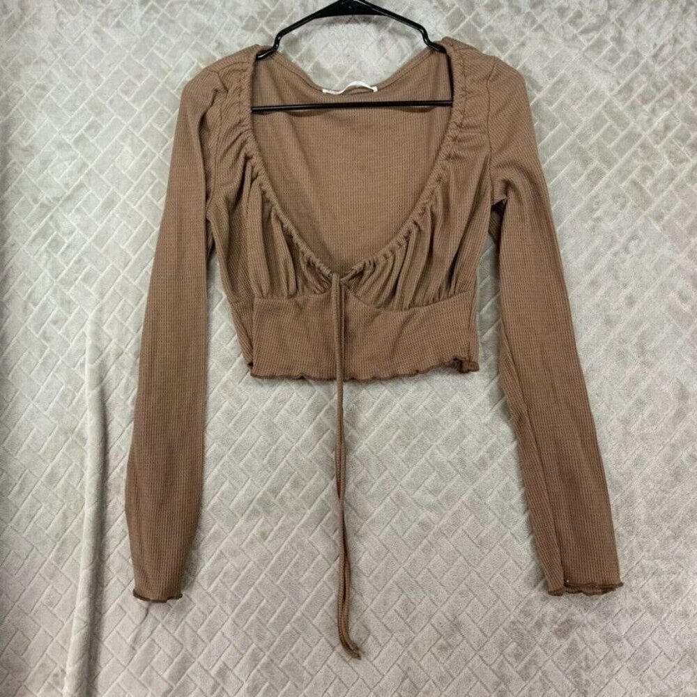 Salty Womans Large Crop Top Shirt Brown Waffle Knit Long Sleeve V Neck